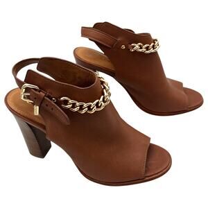 Coach Leanna Brown Leather Peep Toe Slingback Chain Block Heeled Bootie Size 6.5